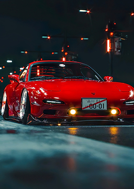 Red Mazda RX-7 at Night