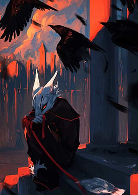 Gloomy Creature with Ravens in Cityscape