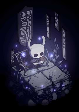 Hollow Knight resting on a bench