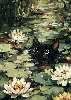 Black cat in a lily pond