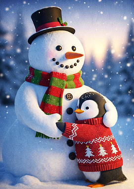 Snowman Penguin Winter Scene