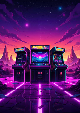 Retro Arcade Machines in Neon Landscape