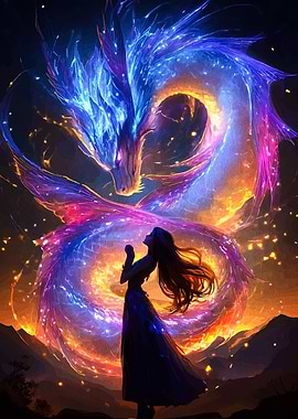 Woman and Celestial Dragon Fantasy Art