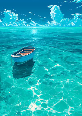 Boat on Turquoise Water, Blue Sky