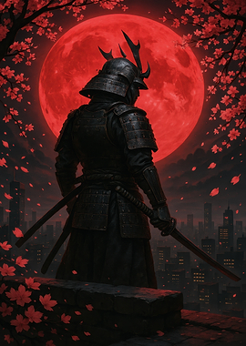 Samurai Warrior with Red Moon