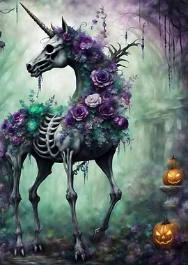 Halloween Dark Floral Skeleton Unicorn with Pumpkins
