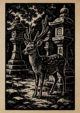 Deer and Lanterns Woodcut Print