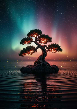 Glowing Bonsai Tree Under Aurora Borealis