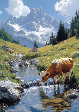 Cow Drinking Water in Mountain Landscape