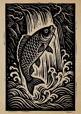 Fish Leaping Waterfall Woodcut Illustration
