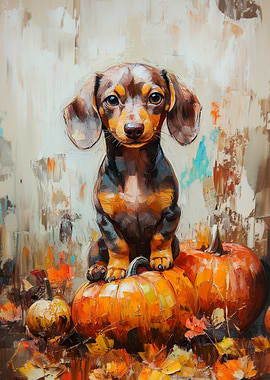 Dachshund Puppy on Pumpkins Painting | Autumn Dog Print