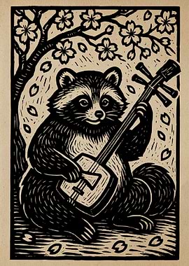 Raccoon playing Shamisen under Cherry Blossoms
