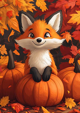 Cute Fox with Pumpkins and Autumn Leaves