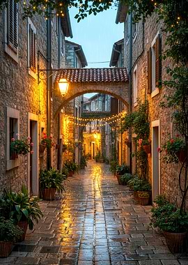 Rainy European Street with Lights
