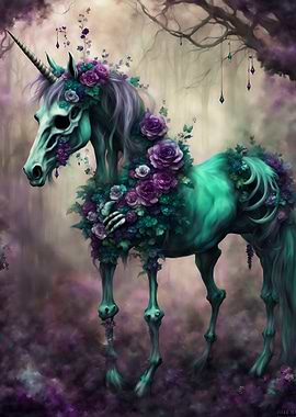 Halloween Floral Skeleton Unicorn in Enchanted Forest Gothic Dark