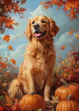 Golden Retriever with Pumpkins in Autumn | Fall Dog Print