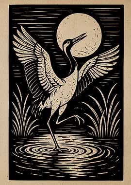 Crane in Moonlight Woodcut Print