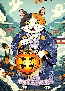 Cat Kimono Pumpkin Lantern