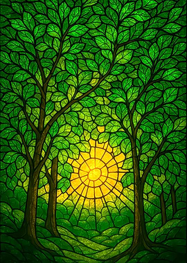 Stained Glass Forest with Sun