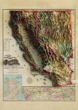 3D Relief Topographical Railroad & County Map of 1868 California & Nevada