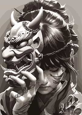 Woman with Oni Mask Illustration