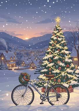 Christmas Bicycle in Snowy Village Scene