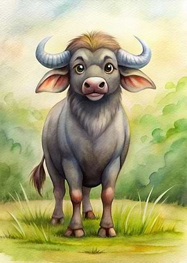 Cute Cartoon Buffalo Watercolor Illustration