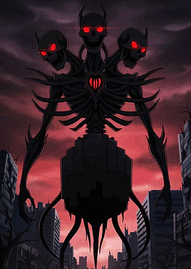 Three-Headed Skull Monster in Ruined City