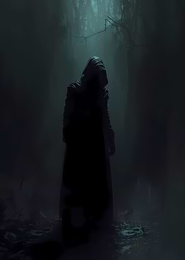 Dark hooded figure in misty forest