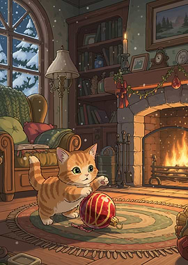 Kitten playing with Christmas ornament