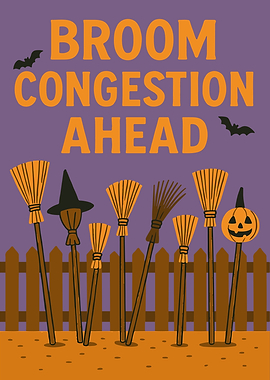 Broom Congestion Ahead Halloween Illustration