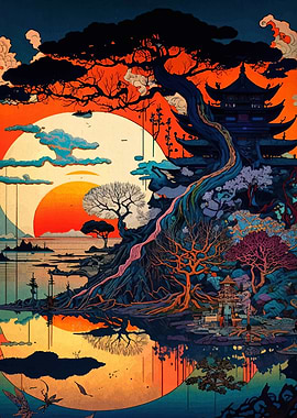 Japanese Landscape with Temple and Sunset