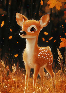 Cute Fawn in Autumn Forest