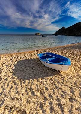 Blue and White Boat on Beach, Lesvos, Greece