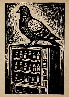 Pigeon Perched on Vending Machine Art