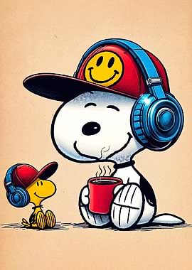 Snoopy and Woodstock with Headphones