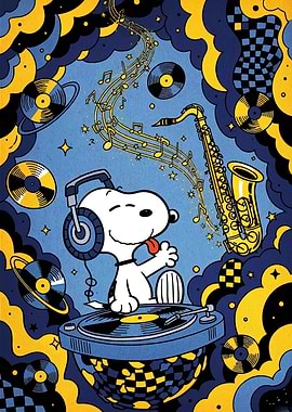 Snoopy DJ with Saxophone and Records