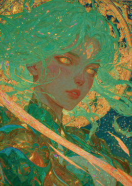 Emerald-haired woman with golden eyes