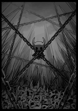Hollow Knight chained in grayscale