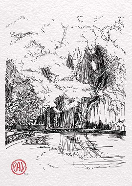 Ink Drawing of a Pond and Trees