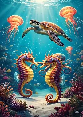Underwater scene with sea turtle and seahorses