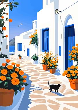 Greek Island Street with Black Cat