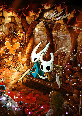 Hollow Knight characters on a bench