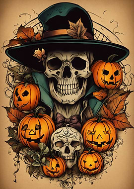 Halloween Skull with Pumpkins and Leaves