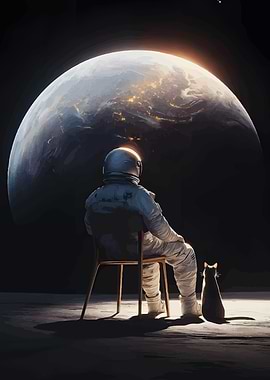 Astronaut and Cat Contemplating Earth