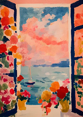 Floral Window Seascape Painting