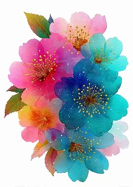 Watercolor Floral Arrangement with Pink and Blue