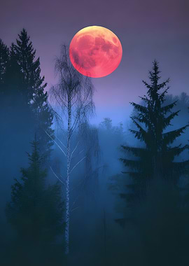 Red Moon Over Misty Forest