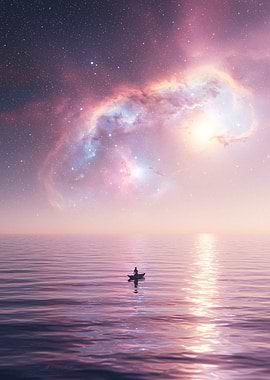 Rowboat under a cosmic sky