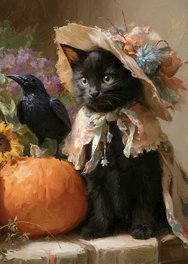 Black Kitten with Crow and Pumpkin